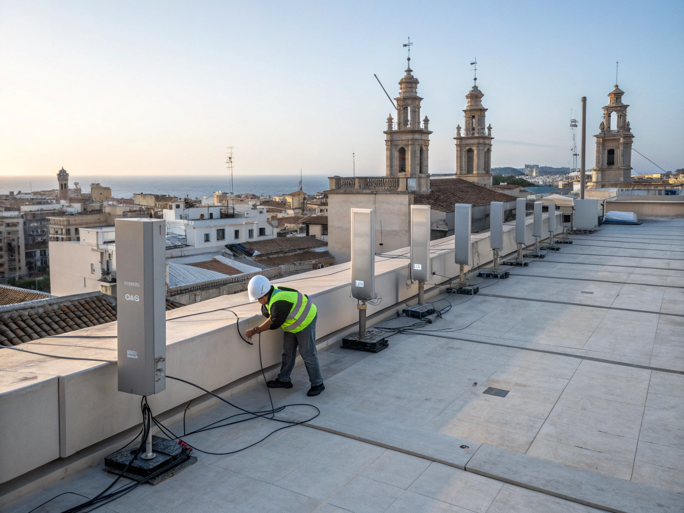 Technician mounting 5G massive MIMO antenna panel on elevated mount