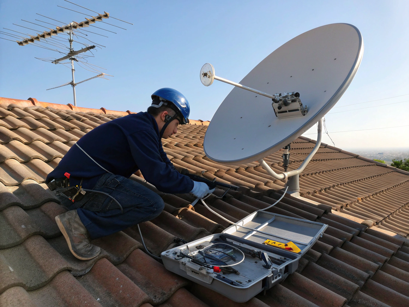 Field engineer tuning microwave dish reflector alignment telemetry