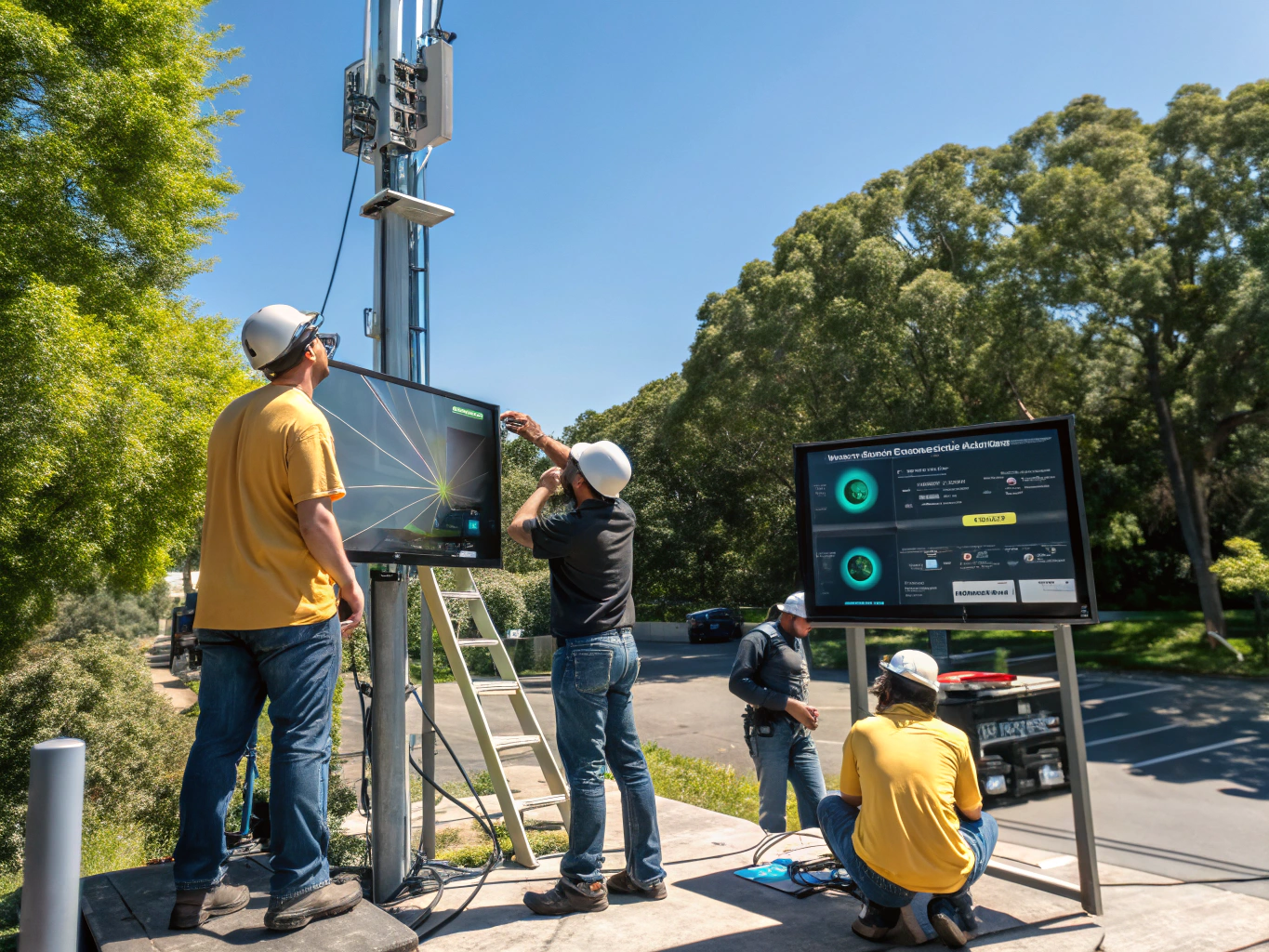 Berezina telecommunications tower technicians and leadership team on site