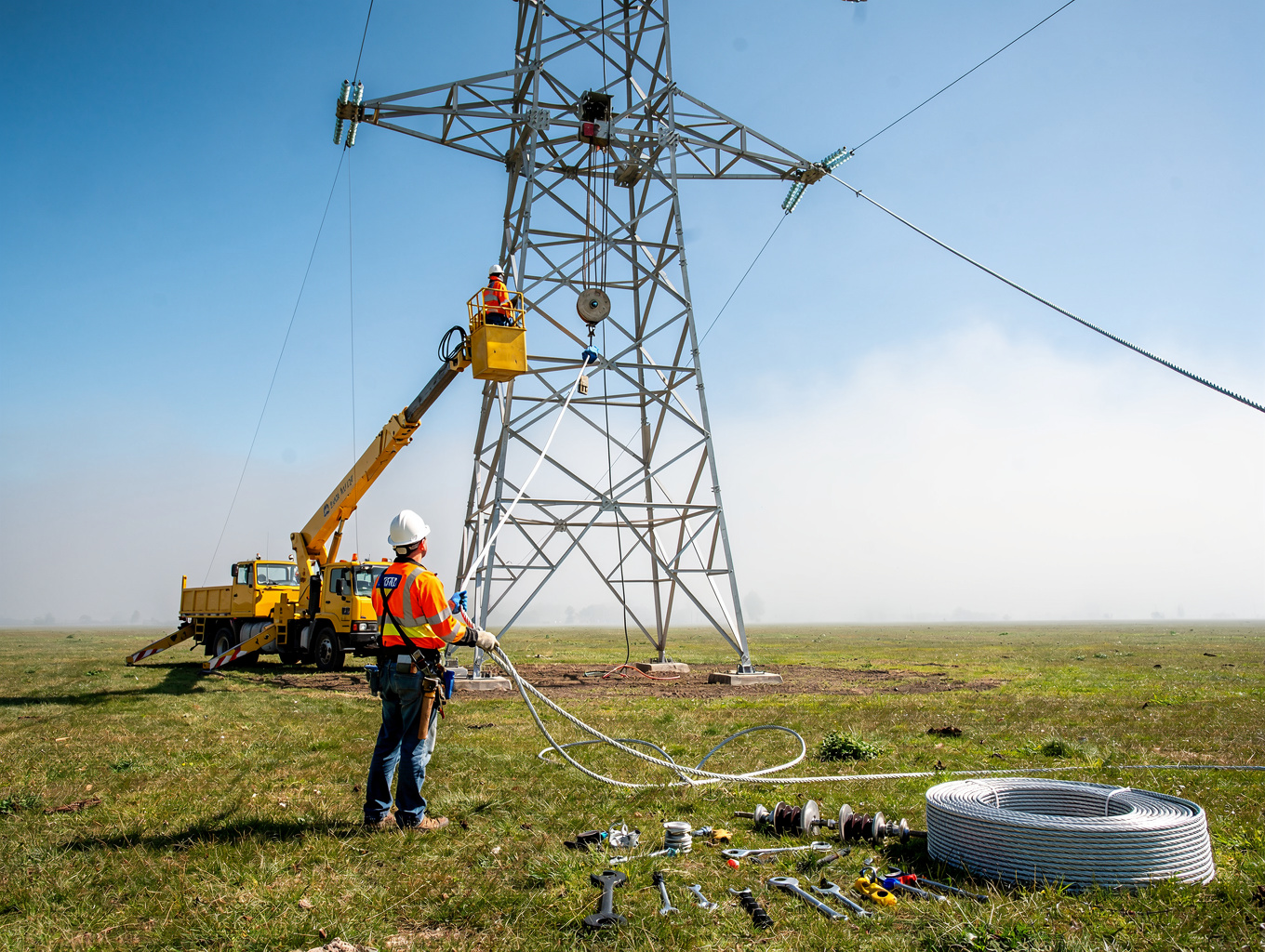 Telecommunications rigger assembling steel lattice tower section at elevation